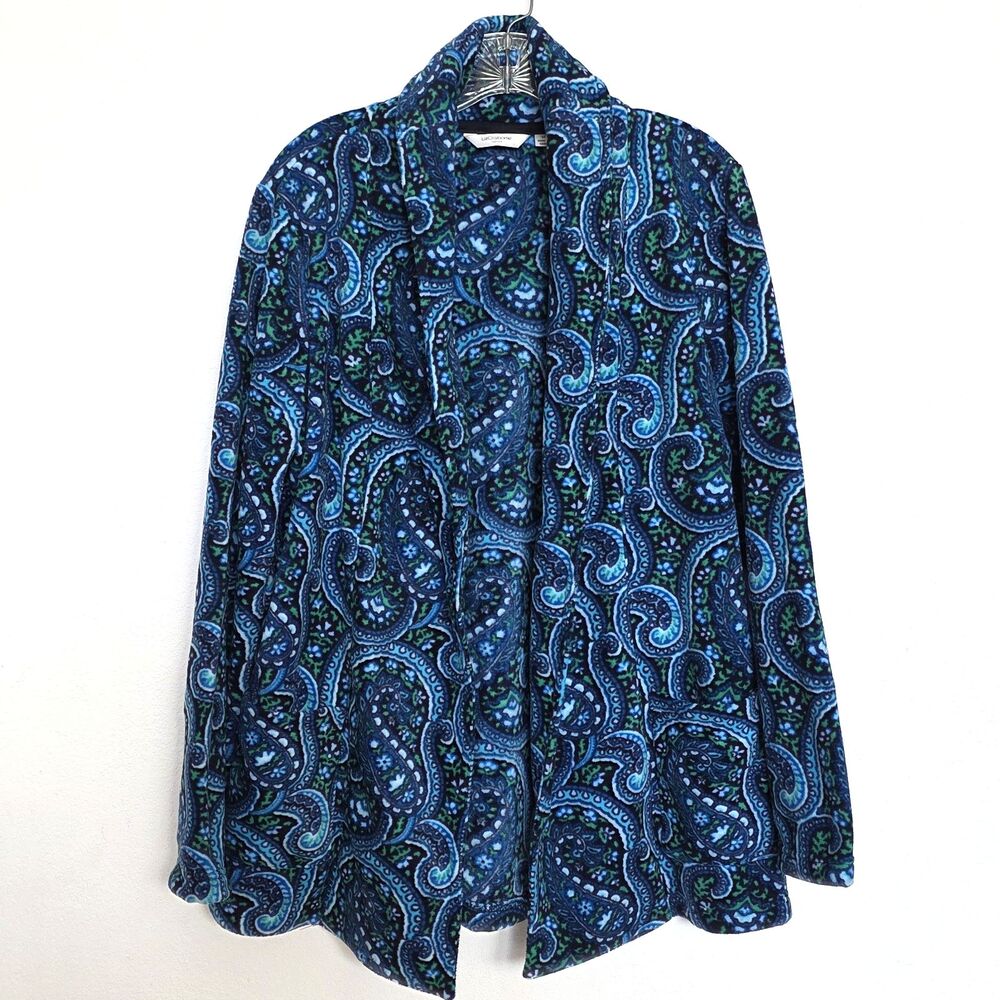 Liz Claiborne Womens M Open Front Fleece Cardigan Pockets Paisley Blue Green
